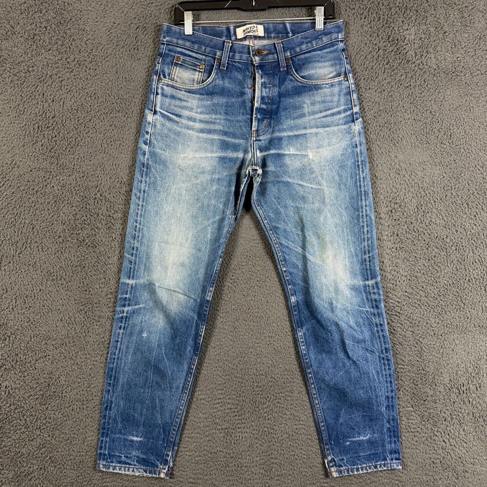 Naked & Famous Jeans Mens 31x29 Blue Slim Fit Selvedge Faded Destroyed Denim